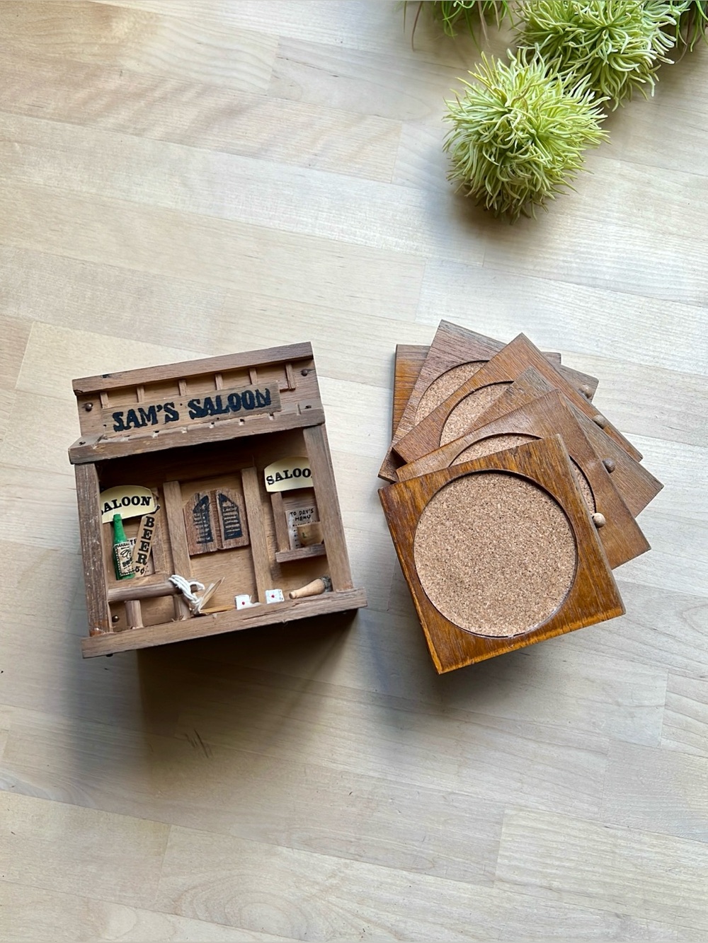 Vintage Enesco Wooden Western Sam’s Saloon Bar Miniature Building 6 Coasters Set